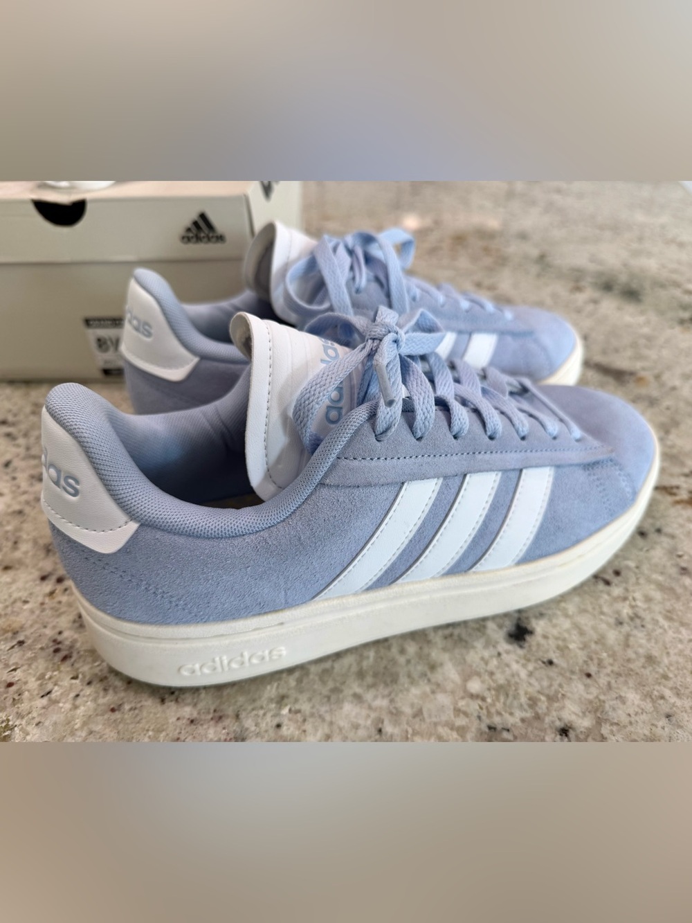 Adidas Grand Court Alpha Light Blue Suede Sneakers with White Stripes - Picture 3 of 11